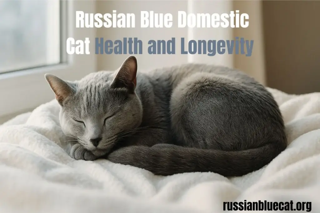 Russian Blue domestic cat sleeping peacefully on a soft blanket, representing health and longevity