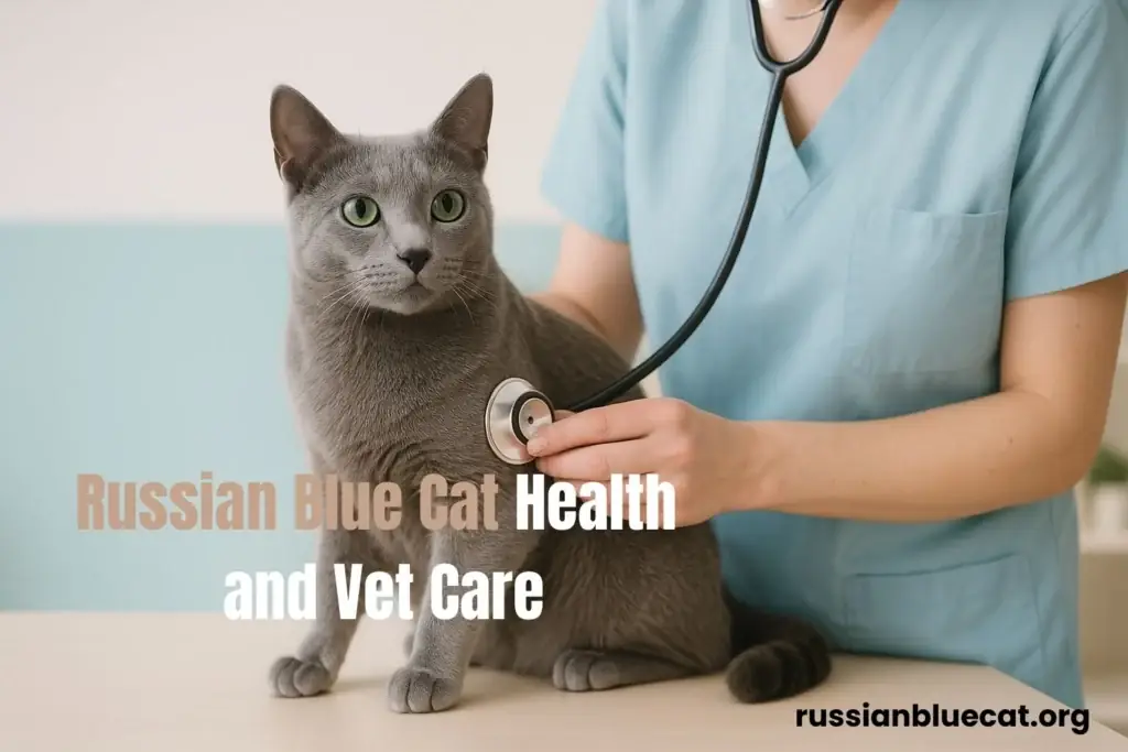 Russian Blue cat having a veterinary health checkup with a stethoscope
