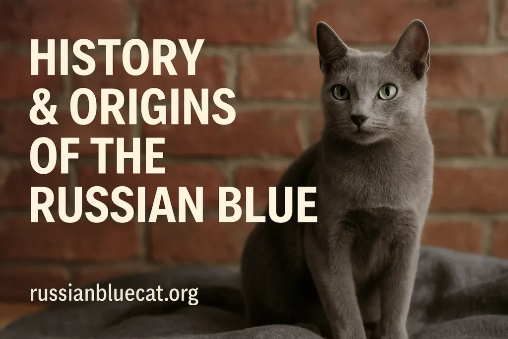 Russian Blue Cat with overlay text History & Origins of Russian blue cat