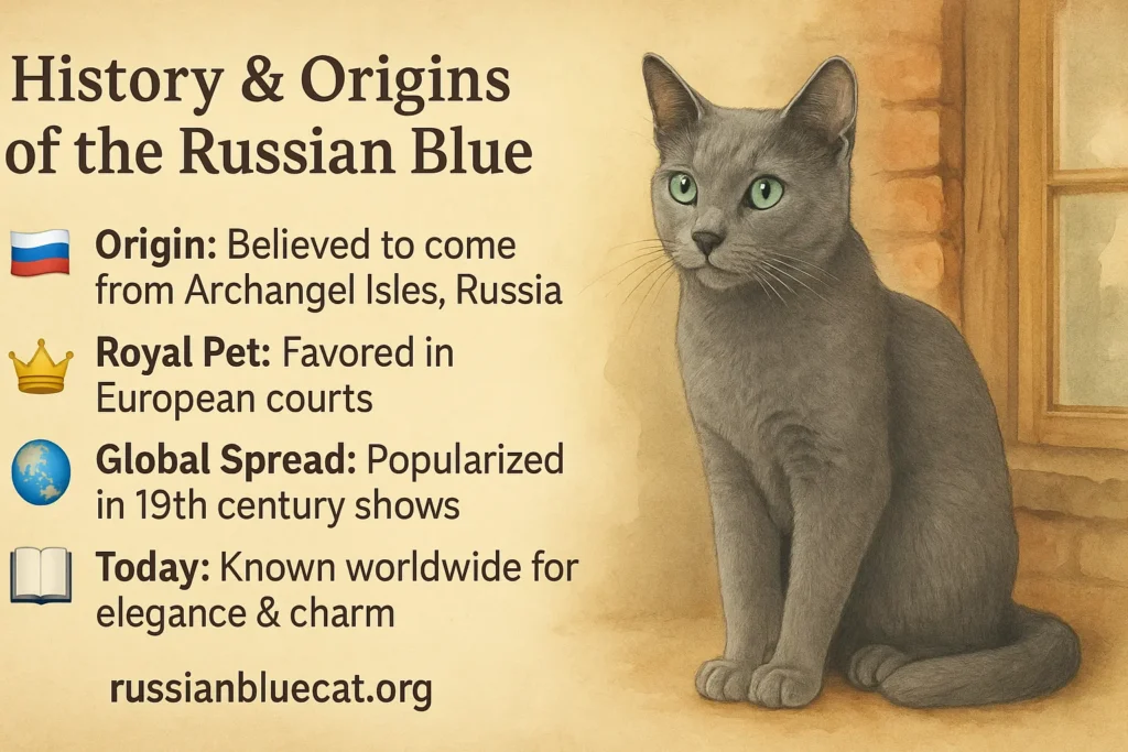 Infographic showing History and Origins of Russian Blue Cat with historic background
