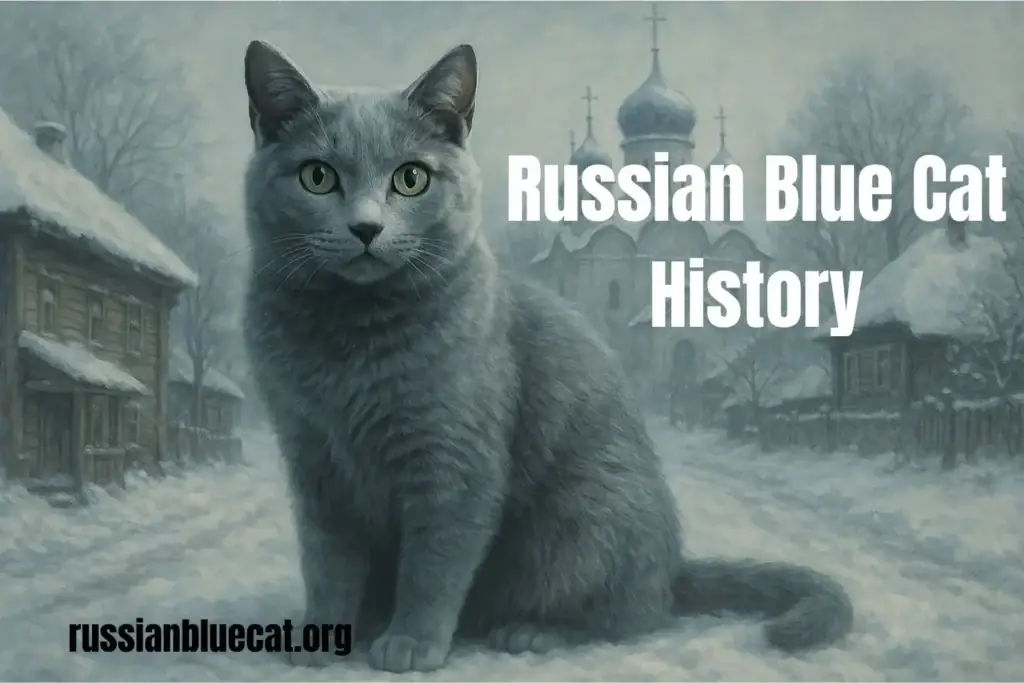 Russian Blue cat in a snowy Russian village with old wooden houses and a church in the background, symbolizing breed history