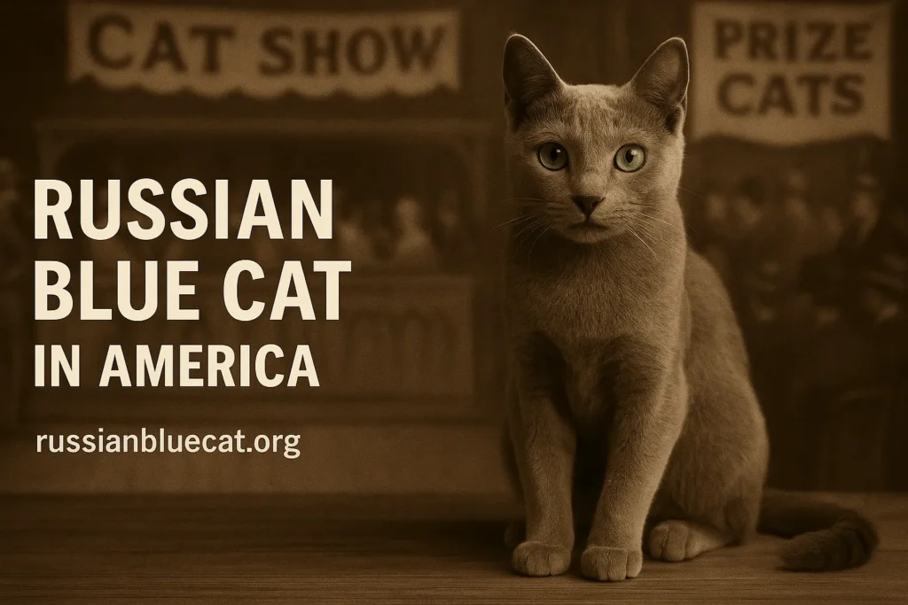 Russian Blue Cat at a vintage American cat show with overlay text Russian Blue Cat in America