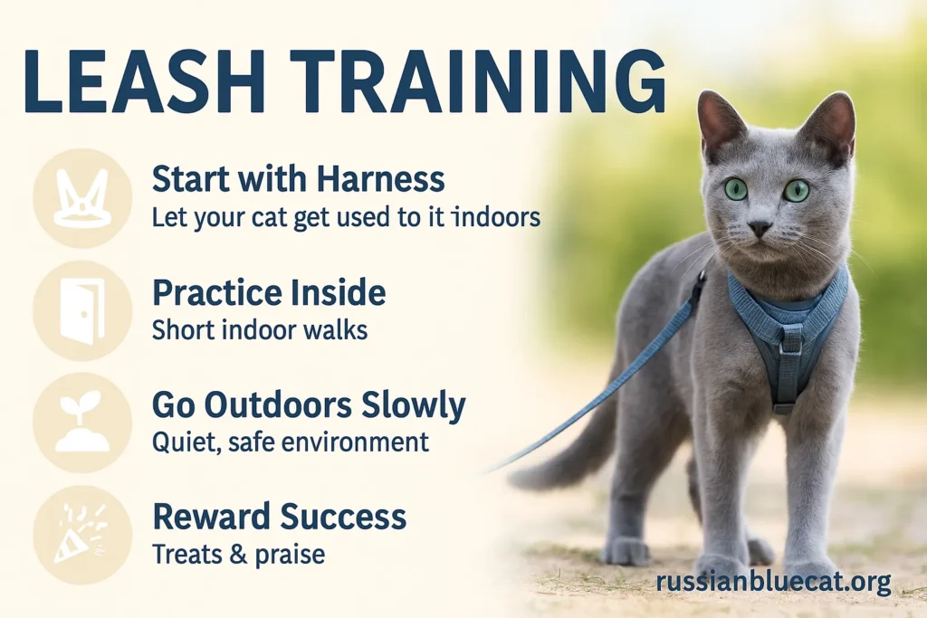 Russian Blue Cat wearing a leash and harness with infographic steps for leash training