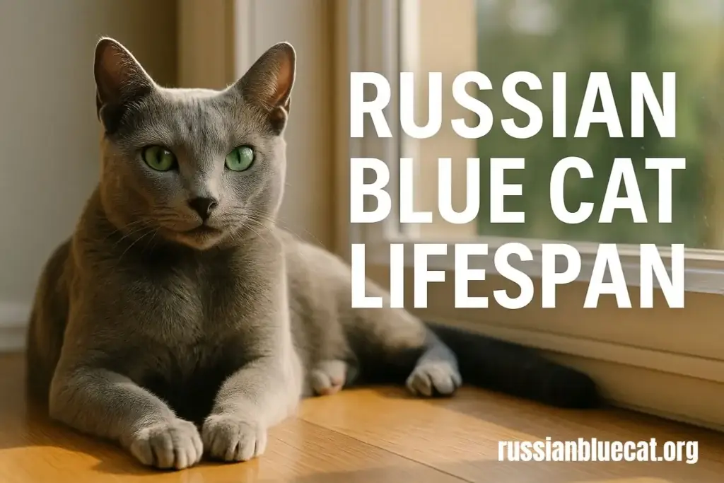 Russian Blue cat sitting near a sunlit window, representing the breed’s long lifespan