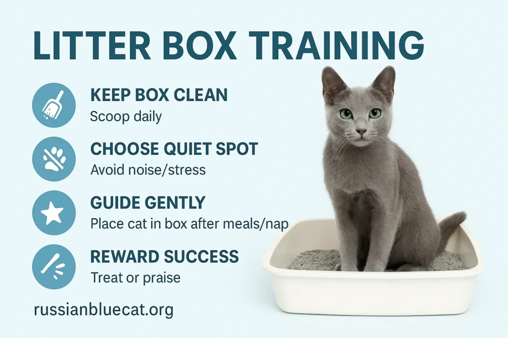 Russian Blue Cat infographic showing step-by-step litter box training tips