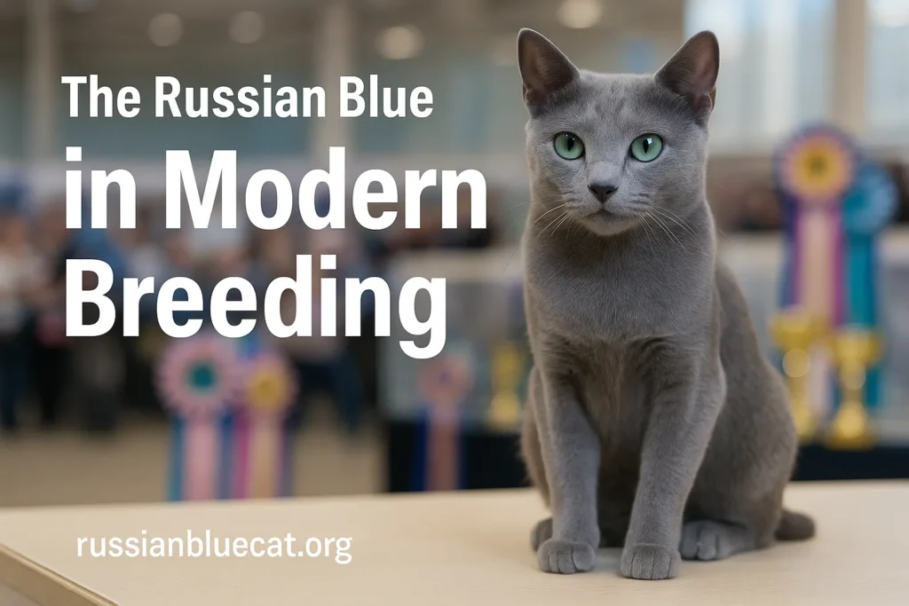 Russian Blue Cat in a modern cat show with trophies and ribbons, overlay text The Russian Blue in Modern Breeding