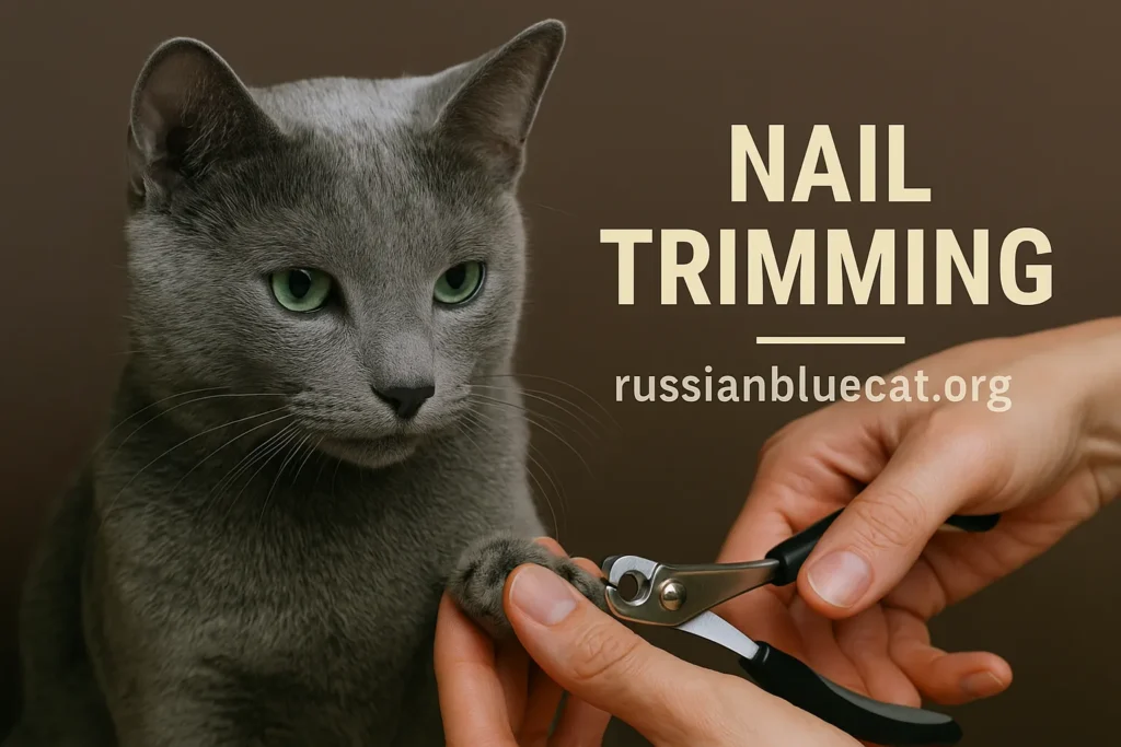Russian Blue Cat calmly receiving a nail trim with overlay text Nail Trimming