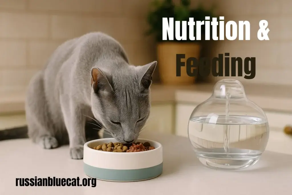 Russian Blue cat eating food from a bowl with fresh water beside it, showing proper nutrition and feeding