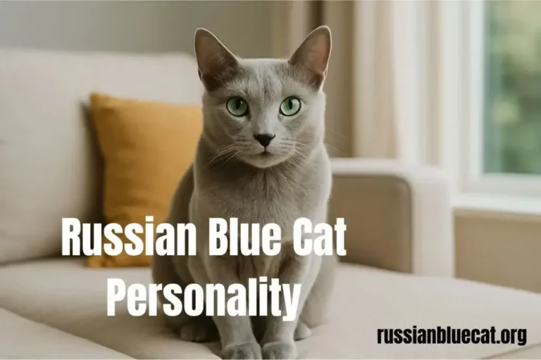 Russian Blue cat sitting on a sofa with yellow cushion in the background, representing personality traits