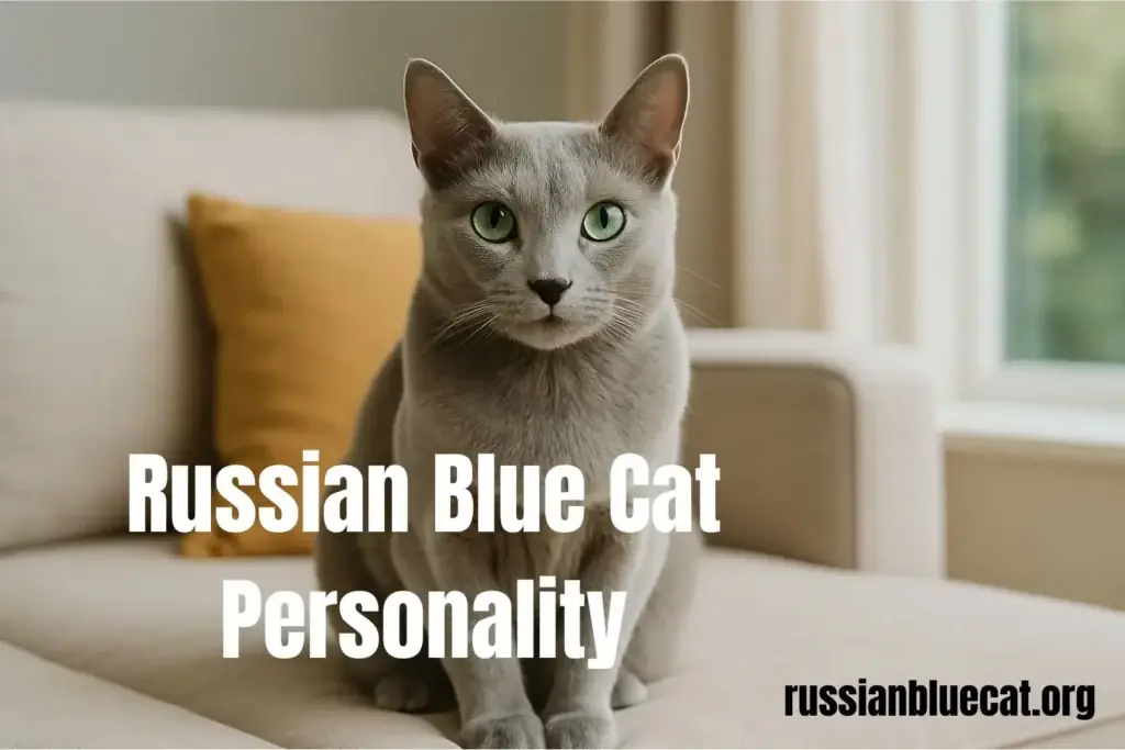 Russian Blue cat sitting on a sofa with yellow cushion in the background, representing personality traits