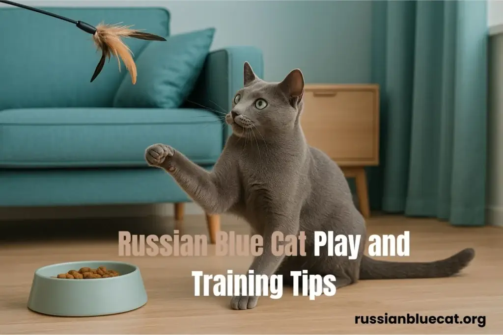Russian Blue cat playing with a feather toy during training, illustrating play and enrichment tips