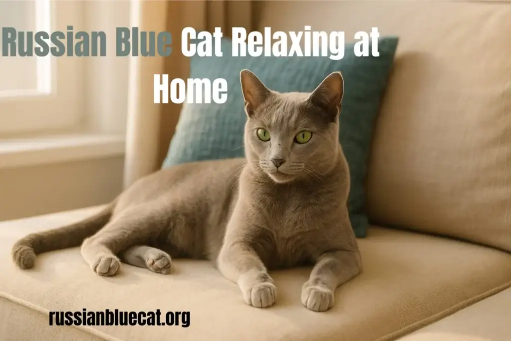 Russian Blue cat relaxing comfortably on a beige sofa at home with teal pillow in the background
