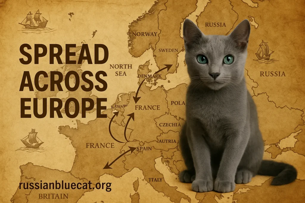 Russian Blue Cat on an antique map background with overlay text Spread Across Europe