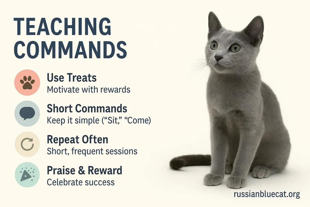 Russian Blue Cat infographic with tips for teaching commands like sit and come