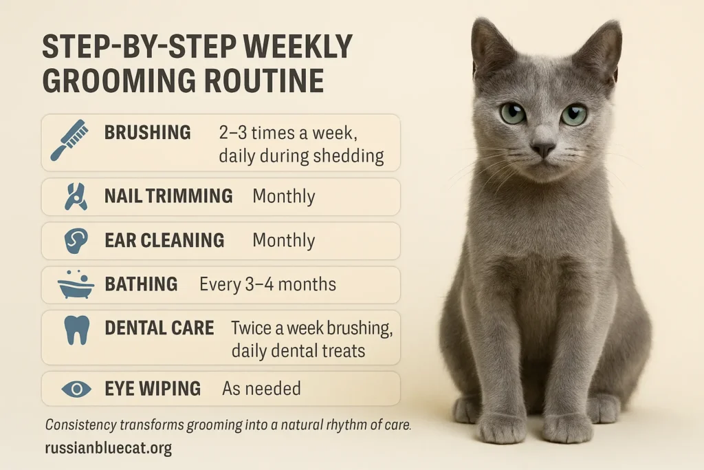 Infographic showing weekly grooming routine for Russian Blue Cats with realistic cat photo and grooming steps