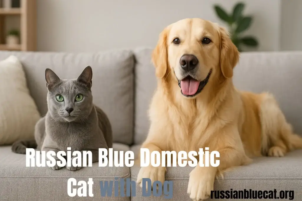 Russian Blue domestic cat sitting on a sofa beside a happy Golden Retriever dog