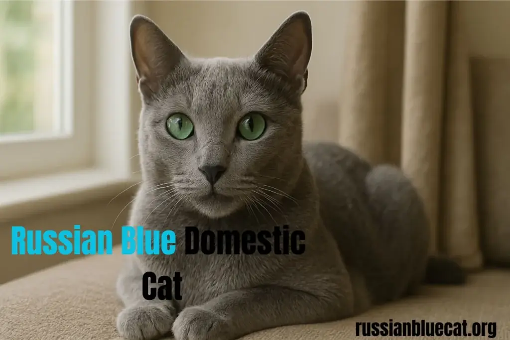 Close-up of a Russian Blue domestic cat with vivid green eyes relaxing near a window
