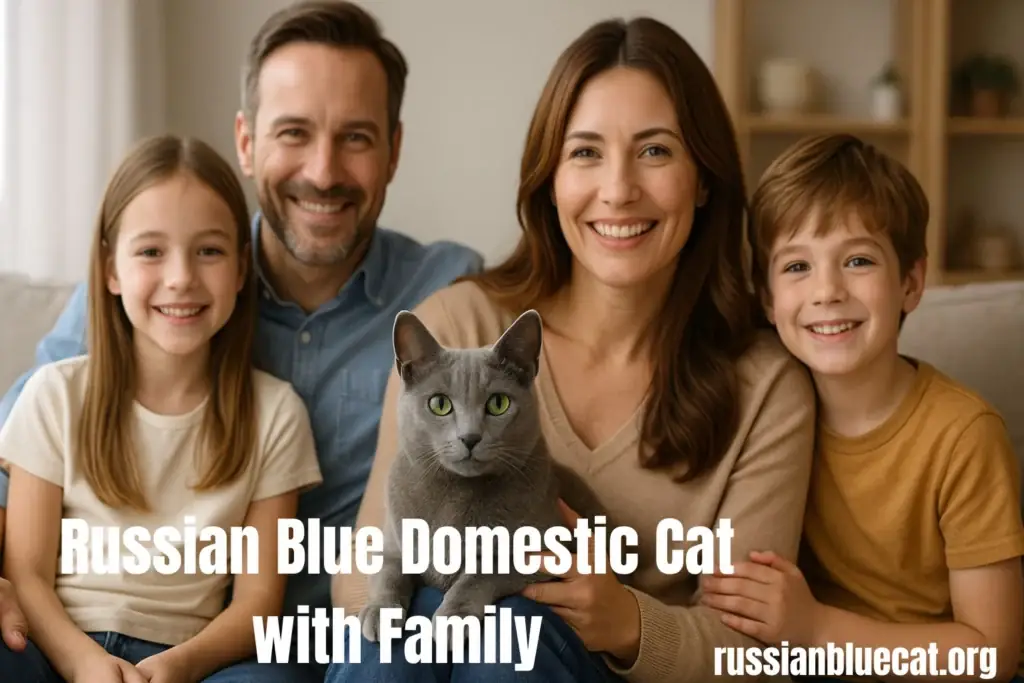 Russian Blue domestic cat sitting with a smiling family of four, showing companionship with people