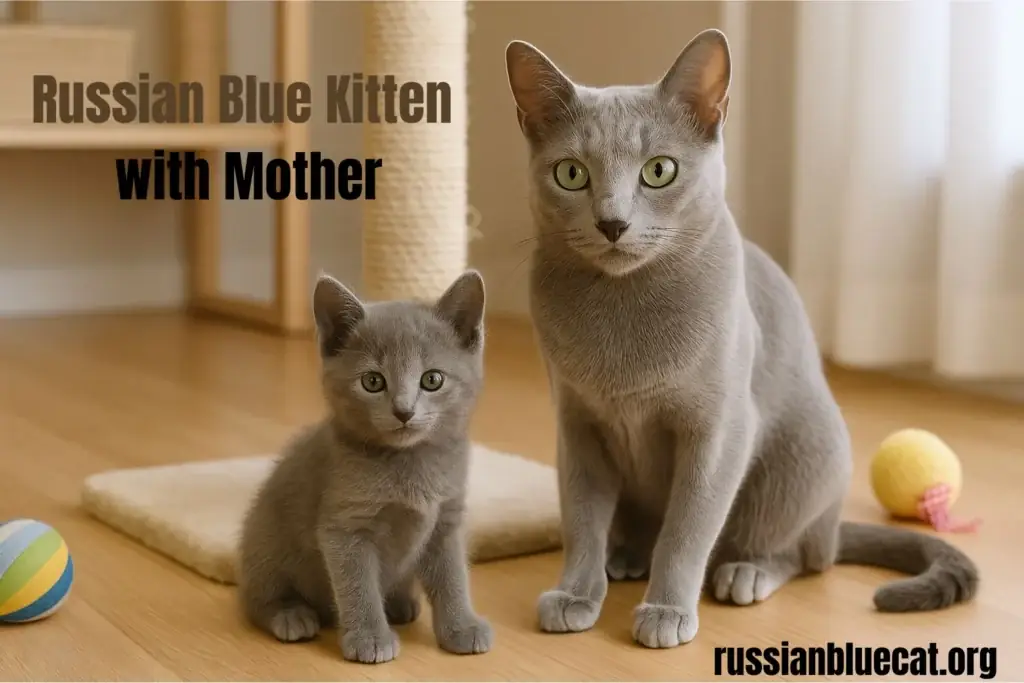 Russian Blue kitten sitting beside its mother cat near a scratching post and toys
