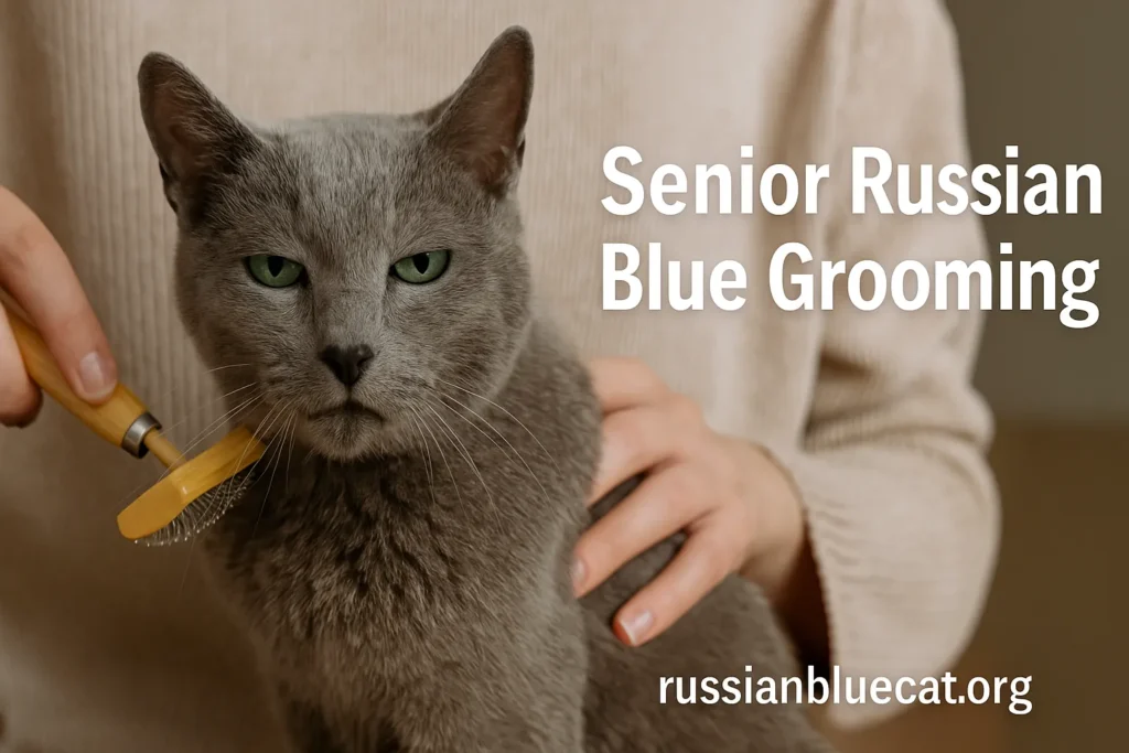 Senior Russian Blue Cat being gently brushed with overlay text Senior Russian Blue Grooming