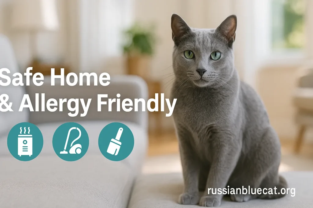 Russian Blue Cat in a bright living room with icons of air purifier, vacuum cleaner, and lint roller, overlay text Safe Home & Allergy Friendly