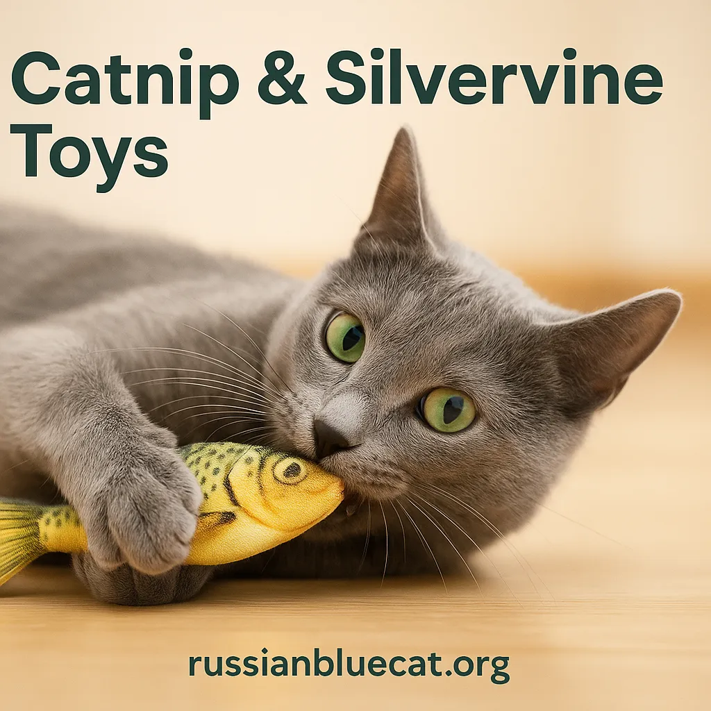 Russian Blue Cat rolling on the floor with a fish-shaped catnip toy, overlay text Catnip & Silvervine Toys