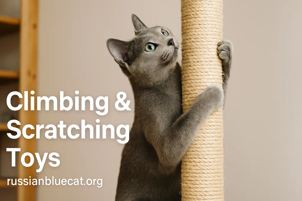 Russian Blue Cat climbing a cat tree and scratching a post with overlay text Climbing & Scratching Toys