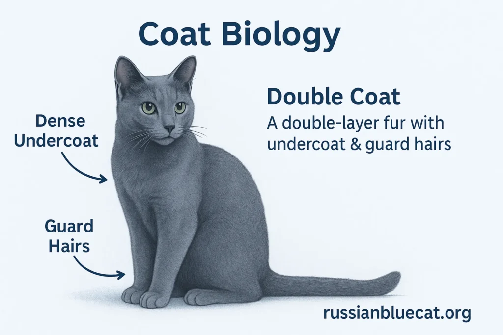 Infographic of Russian Blue Cat coat structure showing double-layer fur with undercoat and guard hairs