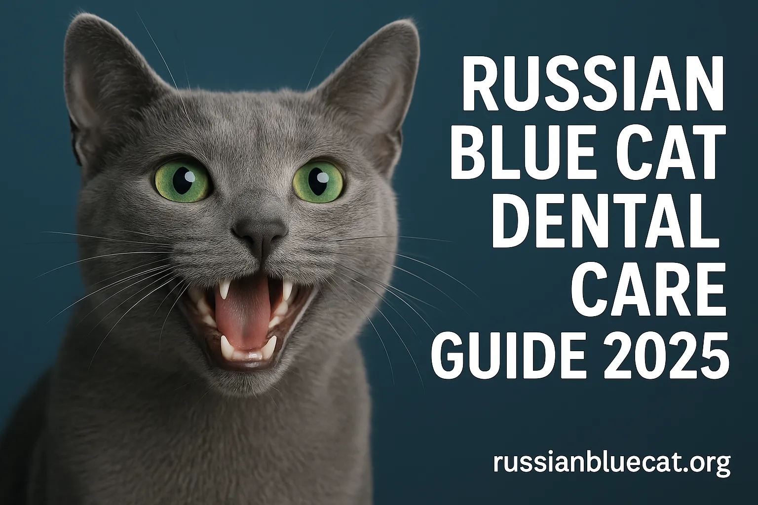 Russian Blue Cat close-up showing healthy teeth with overlay text Russian Blue Cat Dental Care Guide 2025