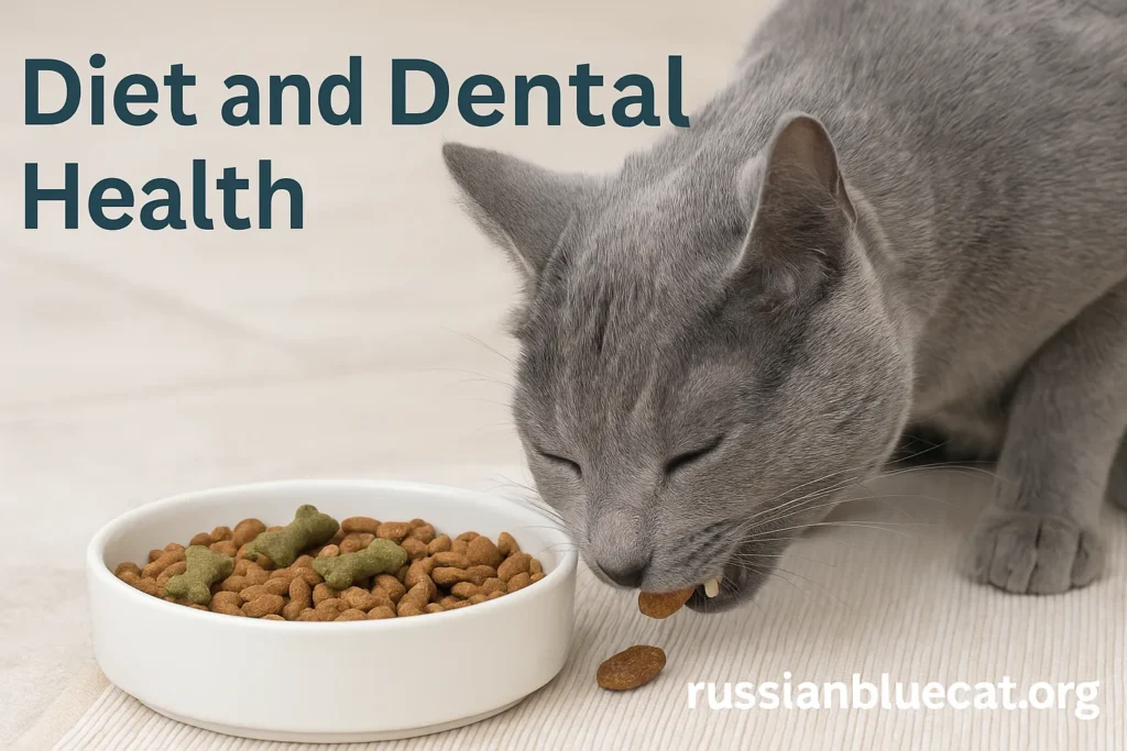Russian Blue Cat eating from a bowl filled with dental-friendly kibble and treats, overlay text Diet and Dental Health