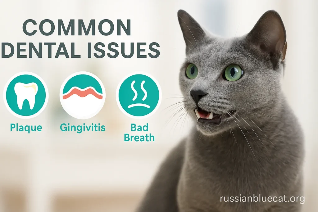 Russian Blue Cat with highlighted infographic-style icons showing plaque, gingivitis, and bad breath, overlay text Common Dental Issues