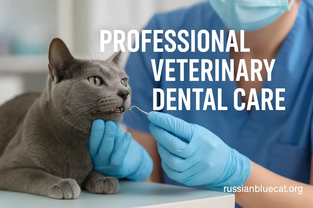 Russian Blue Cat being examined by a veterinarian with dental tools, overlay text Professional Veterinary Dental Care