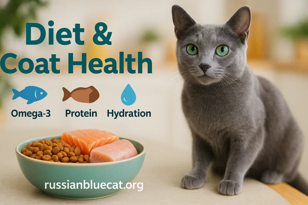 Russian Blue Cat with shiny coat near a food bowl containing salmon, chicken, and kibble, overlay text Diet & Coat Health
