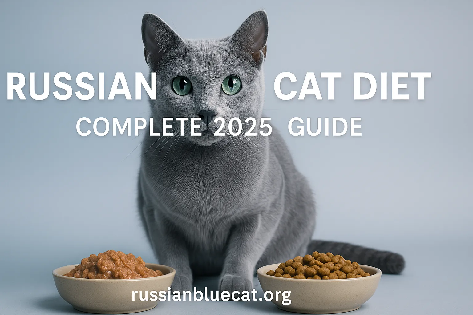 Feature image of Russian Blue Cat with overlay text Russian Blue Cat Diet Guide 2025