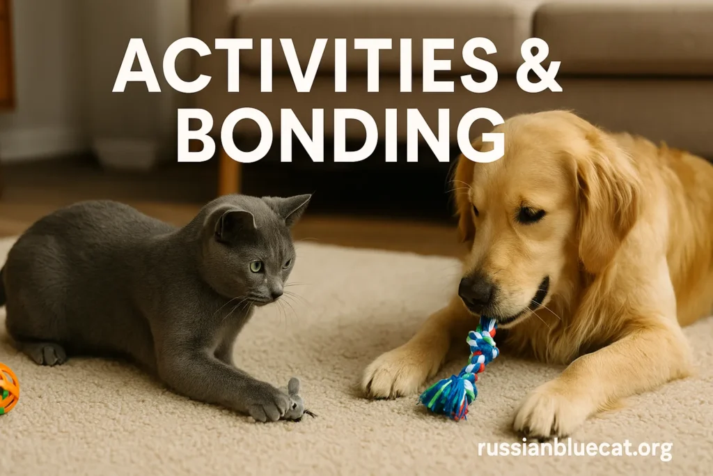 Russian Blue Cat and Golden Retriever playing together with toys in a living room, overlay text Activities & Bonding