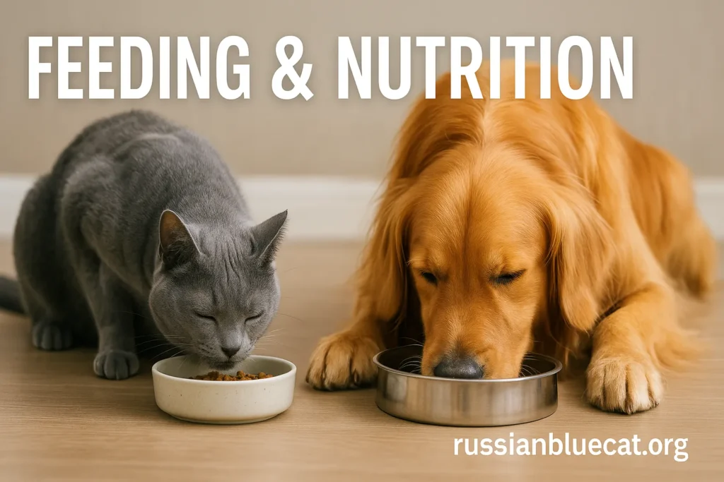 Russian Blue Cat and a dog eating from separate bowls side by side, overlay text Feeding & Nutrition