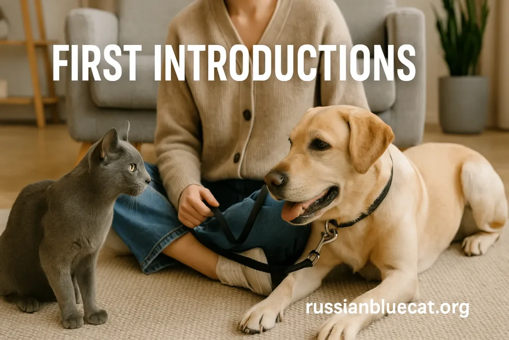Russian Blue Cat meeting a dog for the first time under owner supervision, overlay text First Introductions