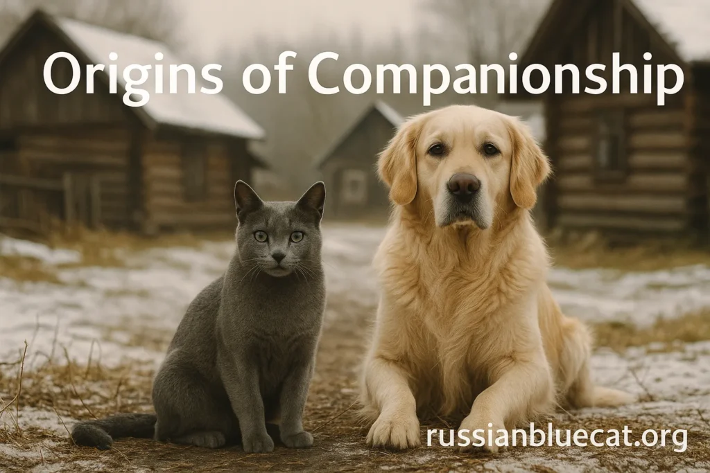 Russian Blue Cat and friendly dog in a rustic Russian village background, overlay text Origins of Companionship