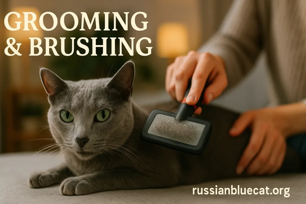 Russian Blue Cat being gently brushed with slicker brush, overlay text Grooming & Brushing