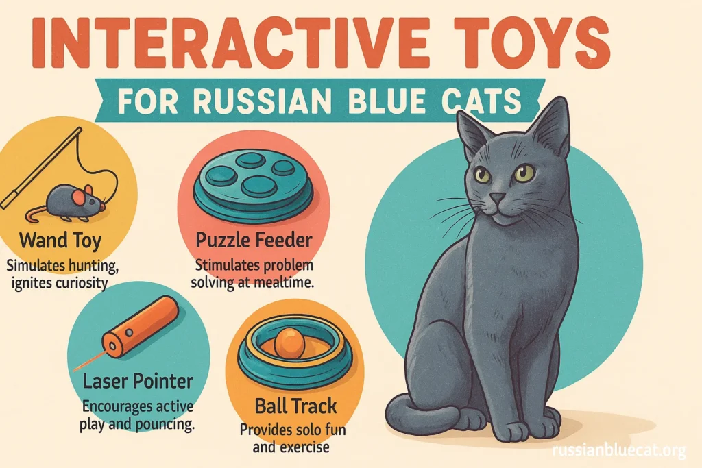 Russian Blue Cat playing with interactive puzzle feeder and robotic toy mouse, overlay text Interactive Toys