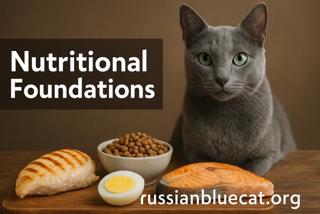 Russian Blue Cat with protein-rich foods like chicken, fish, and eggs, overlay text Nutritional Foundations
