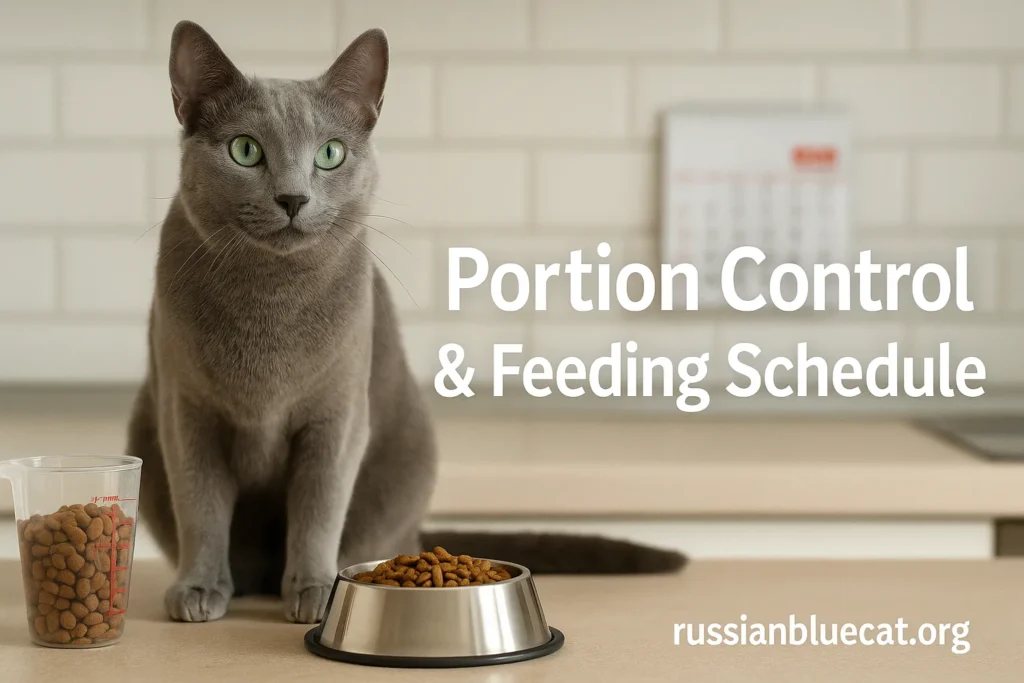 Russian Blue Cat with a measuring cup and food bowl, plus calendar icons, overlay text Portion Control & Feeding Schedule