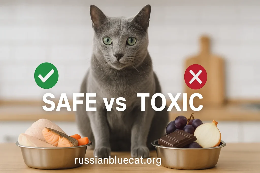 Russian Blue Cat with two food bowls – one with safe foods (chicken, fish, carrots) and one with toxic foods (chocolate, grapes, onions), overlay text Safe vs Toxic Foods