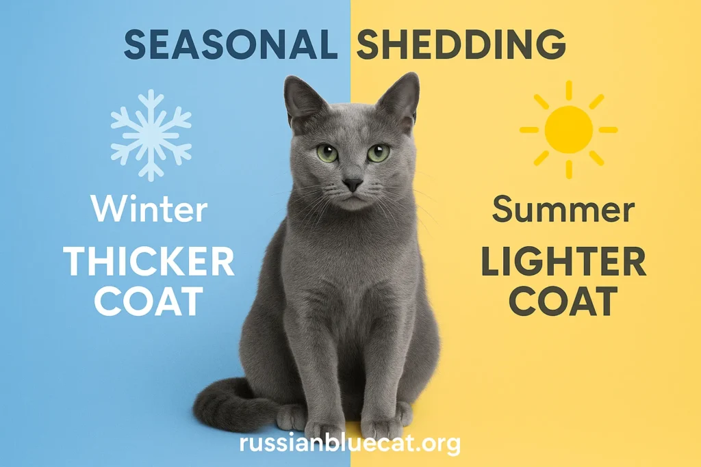 Infographic of Russian Blue Cat with seasonal shedding cycle, showing winter thick coat and summer lighter coat