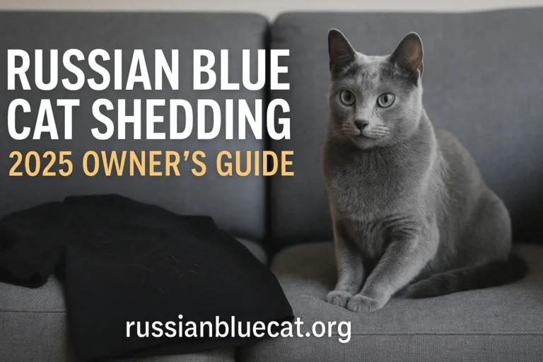 Feature image of Russian Blue Cat with overlay text Russian Blue Cat Shedding Guide 2025