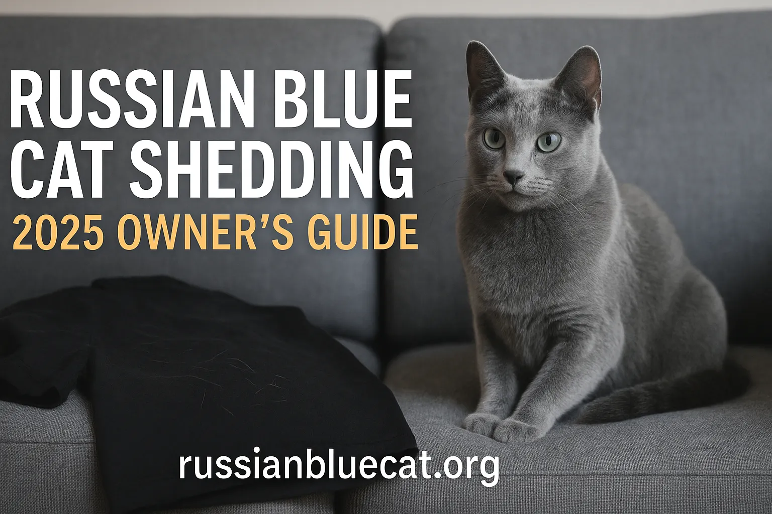 Feature image of Russian Blue Cat with overlay text Russian Blue Cat Shedding Guide 2025