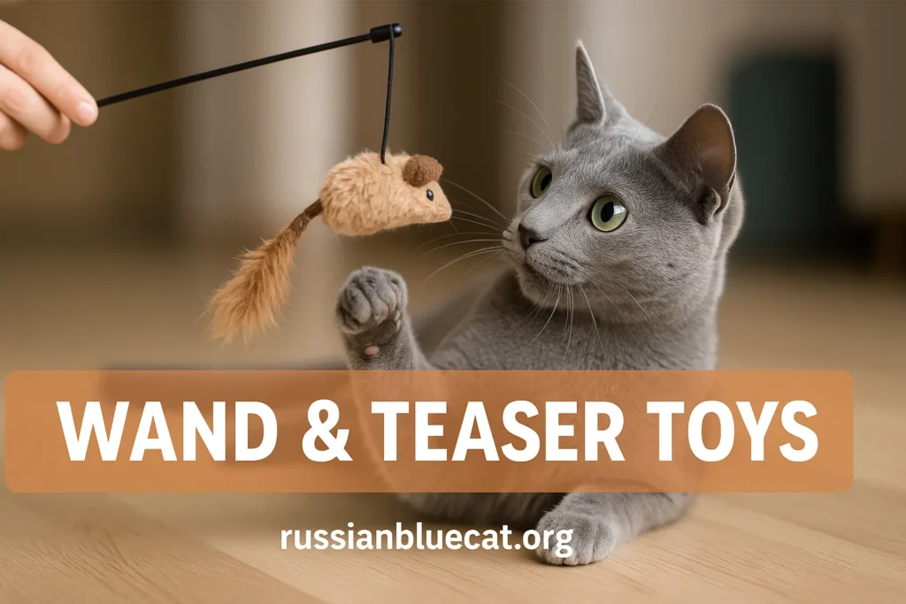 Blue Cat leaping playfully to catch a feather wand teaser toy with overlay text Wand & Teaser Toys