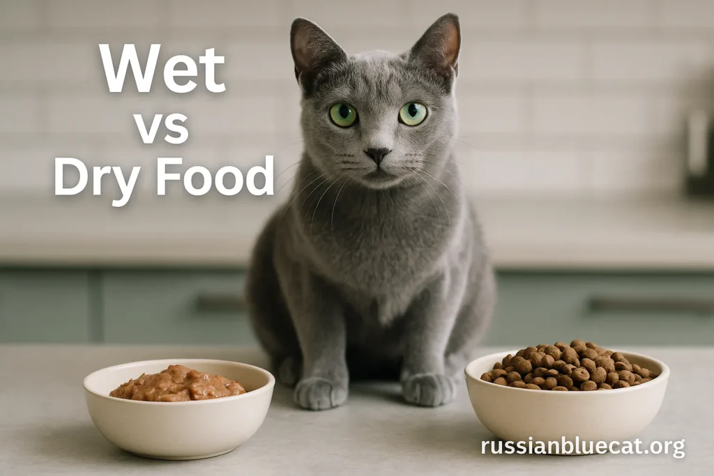 Russian Blue Cat sitting between a bowl of wet food and a bowl of kibble with overlay text Wet vs Dry Food